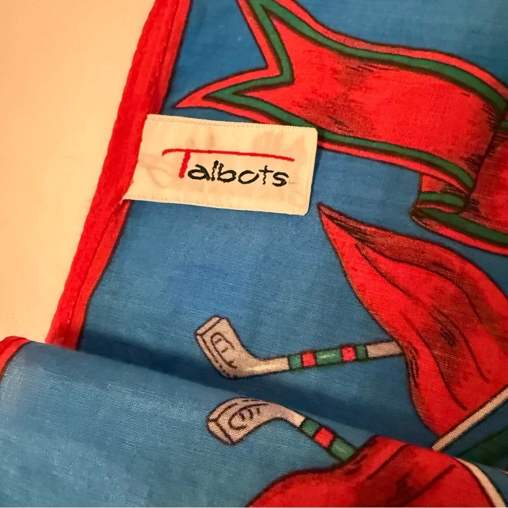 TALBOTS SCARF GOLF THEME BLUE RED GOLD MULTI COLOR RECTANGLE COTTON SILK BLEND